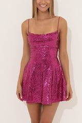 and Sequin Sling Backless Lace-up Mini Dress