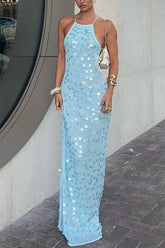 All Shimmer Knit Crochet Sequin Open Back Lace-up Vacation Maxi Dress