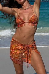 Tie-up Floral Embellished Beaded Tassel Mini Skirt