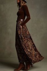 Velvet Long-sleeved Fitted Top and Unique Printed Casual Pocket Maxi Skirt Set