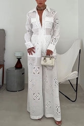 Vivi Embroidered Lace Cutout Long Sleeve Pocket Elastic Waist Loose Shirt Jumpsuit