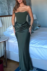 Attend The Gala Strapless Corset Satin Ruched Hip Drape Maxi Dress