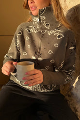 Jacquard Turtleneck Long-sleeved Casual Zip-up Pocket Knit Top