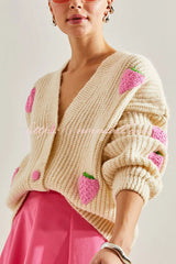 and Sweet V-neck Strawberry Embellished Knitted Cardigan
