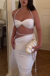 Imalia Stretch Mesh Pearl Trim Gathered Tank and Detachable Belt Vacation Maxi Skirt Set