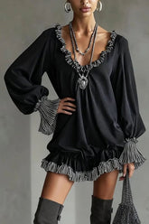 Patchwork Ruffled Loose Long-sleeved Casual Mini Dress