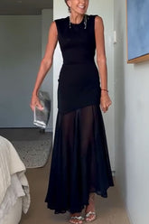 Alice Open Back Asymmetrical Tulle Hem Stretch Maxi Dress