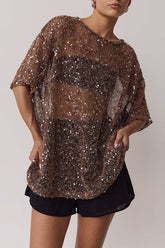 Edela Sheer Sequin Knit Fabric Short Sleeve Oversized Cover-up Tee