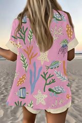 Aquatic Creature Print Loose Button Elastic Waist Shorts Set