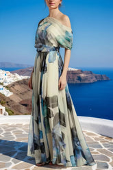 French Sky Blue Asymmetric Printed Chiffon Long Skirt Summer