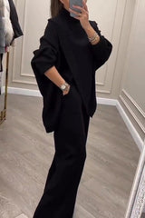 Solid Color Loose-fitting Turtleneck Knit Top and Elastic Waist Casual Pocket Straight Leg Pants