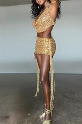 Gold Coast Knit Sequin Fabric Cowl Halter Neck Crop Top and Adjustable Beaded Waist Mini Skirt Set