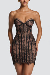 Jaya Floral Lace Contrast Structural Detail Back Lace-up Strapless Slit Maxi Dress