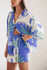 Balmy Nights Unique Print Loose Shirt and Elastic Waist Wrap Lace-up Skirt Set