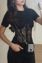 Deelia Lace Fishbone Short Sleeve Back Lace-up Waisted T-shirt