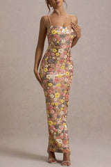 80's Inspired Floral Print Sequin Square Neck Slip Stretch Maxi Dress