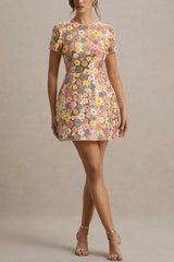 80's Inspired Floral Print Sequin Short Sleeve Stretch Mini Dress