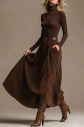 High-neck Long-sleeved Fitted Top and Casual Elastic Waist Pocket Maxi Skirt Set