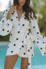 Effortlessly Linen Blend Polka Dot Balloon Sleeve Blouse and Wrap Tie-up Loose Mini Skirt Set