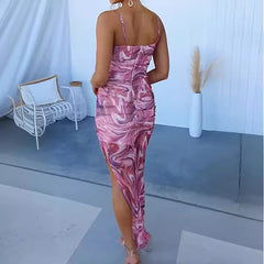 and sling fishtail print dress INS casual backless zipper holiday party dress