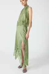 Modern Muse Satin Lace Trim Pleated Neck Top and A-line Irregular Slit Skirt Set