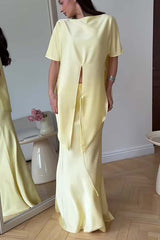 Secret of Elegance Satin Slit Back Lace-up Top and Elastic Waist Flare Maxi Skirt Set