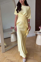 Secret of Elegance Satin Slit Back Lace-up Top and Elastic Waist Flare Maxi Skirt Set