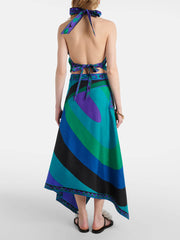 Gabbie Satin Unique Print Halter Scarf Tank and Asymmetrical Maxi Skirt Set