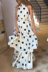 Gift To You Polka Dot Print High Neck Sleeveless Top and Layered Hem Maxi Skirt Set