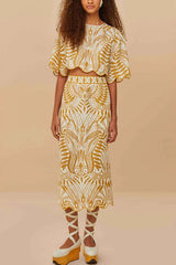 Korra Linen Blend Unique Print Wave Trim Bell Sleeve Top and Elastic Waist Pocket Midi Skirt Set