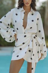 Effortlessly Linen Blend Polka Dot Balloon Sleeve Blouse and Wrap Tie-up Loose Mini Skirt Set