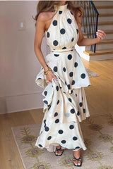 Gift To You Polka Dot Print High Neck Sleeveless Top and Layered Hem Maxi Skirt Set