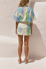 Pierre Linen Blend Ric Rac Trims Unique Print Short Sleeve Shirt and Wrap Tie-up Mini Skirt Set