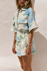 Pierre Linen Blend Ric Rac Trims Unique Print Short Sleeve Shirt and Wrap Tie-up Mini Skirt Set