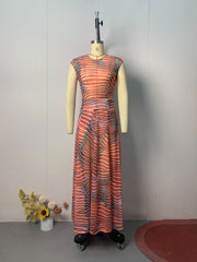 Bella Stretch Mesh Unique Print Bodysuit and High Rise Elastic Waist Maxi Skirt Set