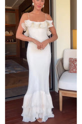 Alisin Pleated Chiffon Wavy Ruffles Trim Slip Maxi Dress