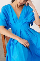 Antibes Linen Blend Princess Line Pleated Wide Puff Sleeve Midi Dress