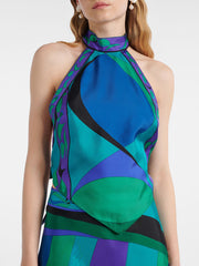 Gabbie Satin Unique Print Halter Scarf Tank and Asymmetrical Maxi Skirt Set