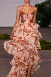 Ariae Butterfly Print Multi-layered Ruffles Backless Tie-up Maxi Dress