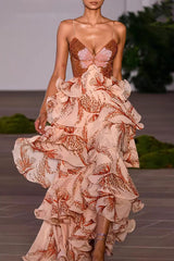 Ariae Butterfly Print Multi-layered Ruffles Backless Tie-up Maxi Dress