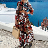 Hollow lace unique printed bell shaped sleeve crop top and lace up long skirt set