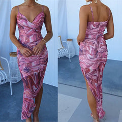 and sling fishtail print dress INS casual backless zipper holiday party dress