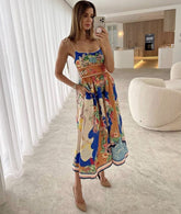 and elegant sling print pocket dress INS casual party loose holiday dress