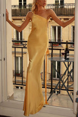 and party oblique shoulder slim dress INS casual elegant party satin dress