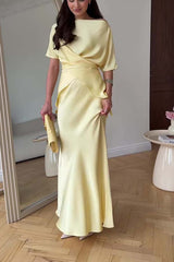 Secret of Elegance Satin Slit Back Lace-up Top and Elastic Waist Flare Maxi Skirt Set