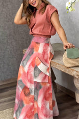 Laylin Wide Sleeve Shirt and Watercolor Print High Waist Drape Pocket Maxi Skirt Set
