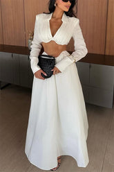 Greta Linen Blend Bra-style Gathered Long Sleeve Crop Shirt and Mid Rise Pocket Umbrella Skirt Set