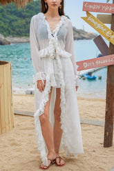 Solid Color Loose Long-sleeved Ruffled Holiday Cover-up Robe