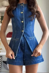 Abel Denim Button Up Princess Seams Pocket Vest Top