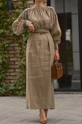 Solid Color Round Neck Long-sleeved Pleated Shirt and Elegant Maxi Skirt Set